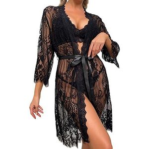 Damespak dunne kanten sexy pyjama doorzichtige jurk mesh gewaad sexy lingerie plus size lingerieset (zwart M)