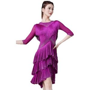 FZHQNZJF Strass Latijns Prestatie Dansjurken Dames Tango Cha Cha Dans Outfit Zoom Salsa Balzaal Kostuums Ademend Danskleding voor Rumba Samba,Purper,L