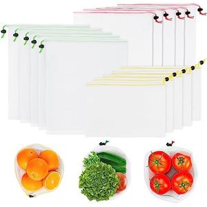 PUREVACY Herbruikbare Mesh Produce Bags S, M, L. Pack van 15 witte herbruikbare producten zakken met kleurrijke trekkoorden. Mesh zakken voor groenten. Herbruikbare groenteproducten zakken, Wit, 8x12