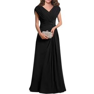 Dames chiffon avondgalajurken mouwloze moeder van de bruid jurk cocktailjurk grote maten, Zwart, 32