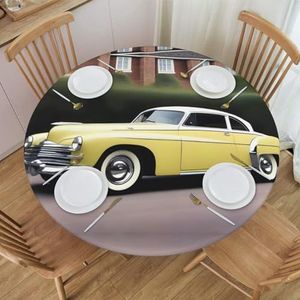 Vintage auto patroon rond tafelkleed, waterdicht en afveegbaar met elastische randen, geschikt voor het decoreren van ronde tafels.