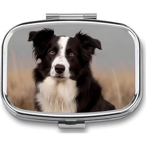 Pillendoos 2 compartimenten pillenorganizer Border Collie Travel Pillendoosje met spiegel vierkante metalen pillencontainer wekelijkse medicijnplanner vitamine organizer voor zak