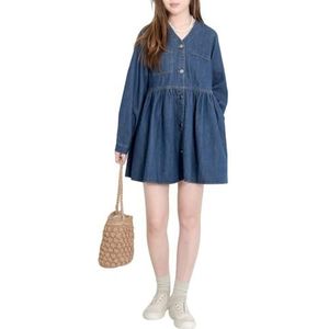 HGKPFGTG Dames Denim Overhemdjurk Met Lange Mouwen Casual Knoopjes V-Hals Babydoll Gelaagde Jeans Overhemdjurk Met Zakken,Blauw,M
