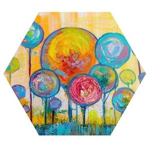DEQORI Hexagon Wandbehang, zelfklevend, 55 x 47,6 cm, motief boomkronen naar Kandinsky, textielcanvas, verwijderbaar, decoratief en vormvast, voor woonkamer, kantoor, hal of kinderkamer