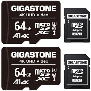Gigastone Geheugenkaart 64 GB 2 kaarten, compatibel met Gopro drone camera tablet Samsung Sony, hoge snelheid voor 4K UHD video, A1 U3 C10 Micro SDXC-kaart met mini-hoes en SD-adapter.