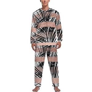 Trendy Tropische Palmbomen Chique Rose Gouden Strepen Zachte Heren Pyjama Set Comfortabele Lange Mouw Loungewear Top En Broek Geschenken M