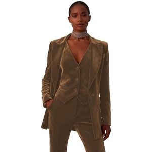 Fluwelen broek voor dames, 3-delig pak met piekrevers voor pak, blazer, vest, broek, balsmoking, kantoorwerk outfit, Bruin, XS