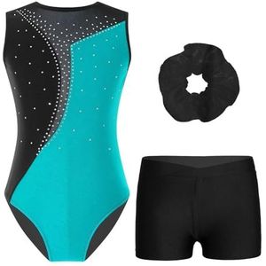 HEUchuan Turnpakjes voor meisjes, dans, gymnastiek, turnpakjes met V-voorkant, tailleband, shorts, sets voor training, yoga, schaatsen, bodysuit, ballet outfits, Blauw Groen, 6