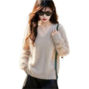 Dames Kasjmiertrui Elegante Lange Mouwen V-hals Gebreide Trui Comfortabele Naadloze Pullover Herfst Winter Warme Tops(Beige,L)