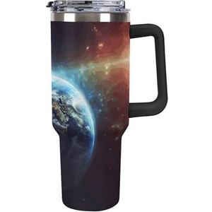 STVNKML 40 oz beker met handvat ruimte planeet aarde roestvrijstalen koffiemok herbruikbare reismok lekvrije geïsoleerde autobeker grote capaciteit beker voor reizen, buiten, thuisgebruik (zwart)