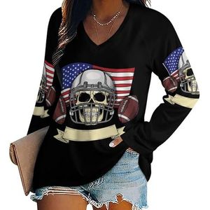 Kleur Skull USA Voetbal Vrouwen Lange Mouw V-hals T-shirts Herfst Tops Trui Tuniek Tee voor Leggings