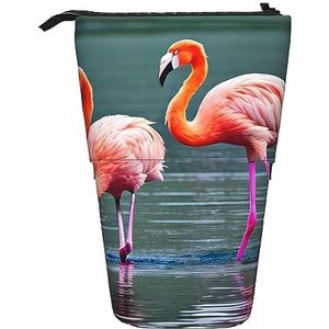 RLDOBOFE Twee flamingo's print Potlood Tas Stand-Up Intrekbare Potlood Doos Organizer Pen Houder Opbergtas Cosmetische Tas Voor Kantoor Kerst Vakantie Gift, Zwart, Eén maat