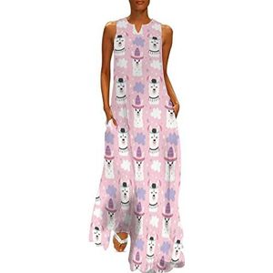 Leuke cartoon lama alpaca dames enkellengte jurk slim fit mouwloze maxi-jurken casual zonnejurk L