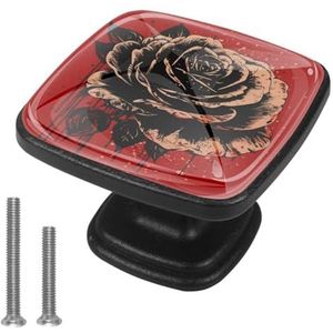 Set van 4 zwarte kastknoppen, stijlvolle decoratieve ladehandgrepen, rood en zwart roze