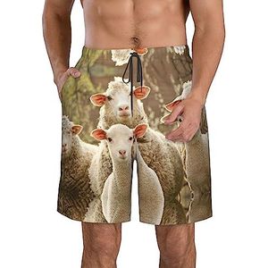 Schapen en lammeren Mannen Casual Strandkleding Heren Sneldrogende Shorts Mannen Elastische Zwembroek, Wit, XL