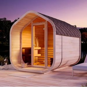 FinnTherm Barsauna ScandiCube Wave Comfort, outdoor sauna met glazen front, moderne tuinsauna incl. dakbedekking, buitensauna L 205 x B 217 x H 233 cm, 4 personen, 42 mm wanddikte
