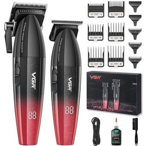 VGR 640 professionele tondeuses voor mannen, 9000 RPM draadloze kappers- en trimmerset, Zero Gap T-Blade haarknipset, DLC-gecoate keramische meskappersset met LED-display (rood)