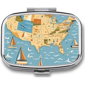Nautische zeilboot kaart pillenetui met 2 compartimenten, pillenorganizer, draagbare vierkante pillendoos, vitaminepillenorganizer voor zakportemonnee en reizen