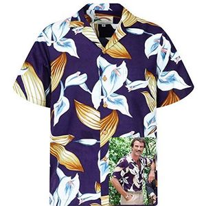 King Kameha Origineel Paradise Found Hawaïhemd voor heren, korte mouwen, voorzak, Hawaii-print, Magnum Tom Selleck, Tom Selleck Calla Lily Paars, XL