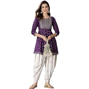 INDACORIFY Goud bedrukte Kurti met prachtig borduurwerk van zachte rayonstof Indiase Siut bedrukte jurk met Dhoti-broek (DE/NL/SE/PL, Alfabetisch, S, Regular, Regular, Katoen)