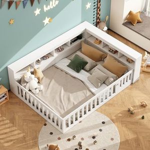DUlVBPE Dagbed, 140 x 190 cm, dagbed, slaapbank, bedzijde met opbergvak, bed met lattenbodem (zonder matras), borstwering, spaanplaat, met stopcontact en USB, wit