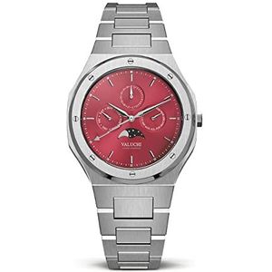 Valuchi Luxe Fashion Heren Lunar Calendar Waterdichte Roestvrijstaal Moonphase Saffierglas Japanse Quartz Analoog Casual horloge met Datum (Zilver Rood)