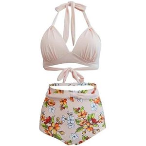 Dames bikiniset vintage bikini set geplooide halter top met hoge taille broekje vrouwen badpak plus size badpak effen / bloemenprint badmode, C-1991-9, 3XL