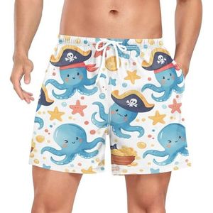 Cartoon Star Pirate Octopus Zwembroek voor heren, sneldrogend, met zakken, Leuke mode, S