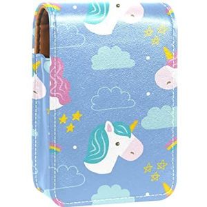 Make-up lippenstift hoesje voor buiten eenhoorns patronen blauwe wolken gele sterren regenboog draagbare lippenstift organizer met spiegel dames mini make-up tas neemt tot 3 lippenstift