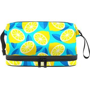 Grote capaciteit reizen cosmetische tas,Citrus geel citroen patroon,Make-up tas,Waterdichte make-up tas organisator, Meerkleurig, 27x15x14 cm/10.6x5.9x5.5 in