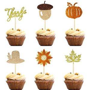 24 STKS Thanksgiving Glitter Cake Toppers met Cartoon Pompoen & Feestelijke Hoed Esdoornblad Ontwerpen