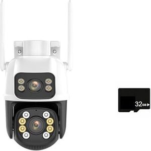 Bewakingscamera, Dual Lens IP Camera 4K 8MP Dual Screen PTZ Camera Buiten 1080P HD Auto Tracking Beveiliging p2P Surveillance(8MP Add 32G)