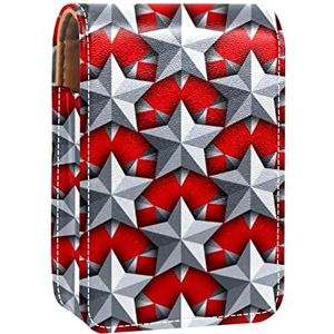 Gepersonaliseerde Lipstick Case Draagbare Make-up Tas Cosmetische Pouch Lippenstift Houder Make-up Organizer Zilver 3D Sterren Patroon met Rode Achtergrond, Meerkleurig, 9.5x2x7 cm/3.7x0.8x2.7 in