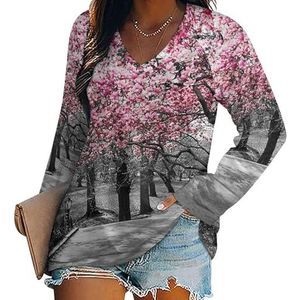 Roze En Grijs Canvas Wall Art Vrouwen Casual Lange Mouw T-shirts V-hals Gedrukt Grafische Blouses Tee Tops 3XL