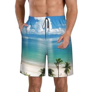 JIAWUJYNB Strandshorts voor heren met strand- en palmboomprint, lichtgewicht, sneldrogend, met trekkoord en zakken, Wit, M