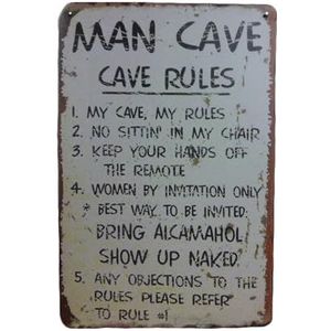 Wandbord - Cave Rules - Metalen wandbord - Mancave - Mancave decoratie - Retro - Metalen borden - Metal sign - Bar decoratie - Tekst bord - Wandborden - Wand Decoratie