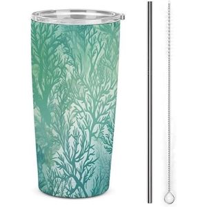 AQRJLPM Groene zeewier, autobeker, roestvrij staal, beker met rietje en deksels, lekvrij, geïsoleerd, roestvrij staal, reisbeker, geschikt voor koude warme dranken op de camping