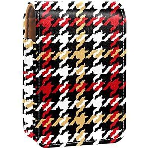 Draagbare Lipstick Case voor op reis, Mini Lipstick Opbergdoos met spiegel voor dames dames, Lederen cosmetische etui Houndstooth Rood Zwart Wit Geel, Meerkleurig, 9.5x2x7 cm/3.7x0.8x2.7 in