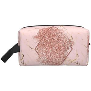 Make-uptas, roze gouden glitter met een bruinrode ruit reizen cosmetische tas toilettas draagbare make-up zakje organizer, zoals afgebeeld, Eén maat