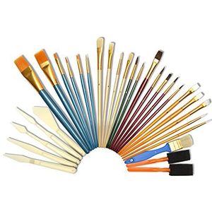 Artina Penseel Set 30 stks – Borstelset met Borstelharen, Ronde Borstel, Platte Borstel, Spons Borstel & Schilderspatel – Natuurlijke & Nylon Borstels voor Acryl, Aquarel, & Olieverfschilderen