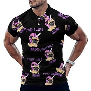 Eenhoorn Pugdog grappig heren poloshirt korte mouw T-shirts klassieke tops voor golf tennis workout
