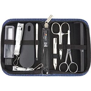 DREI SCHWERTER - Germany 10-delige manicureset | Nagelverzorgingsset in Textiletui Jeans Blauw | 'Monza' | Inhoud: nagelschaar, kam, neusschaar, saffier nagelvijl, nagelknipper, voetnagelknipper enz