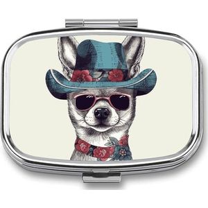 Pillendoos 2 compartimenten pillenorganisator chihuahua hond dragen hoed reizen pillenetui met spiegel vierkante metalen pillencontainer wekelijkse geneeskunde planner vitamine organizer voor zak