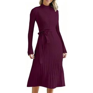 UPPJPBSW Dames Strakke Gebreide Midi Sweaterjurk met Ribbels, Coltrui en Lange Mouwen, A-Lijn met Riem, Elegant voor Dagelijkse Casual Gelegenheden,Rood,L