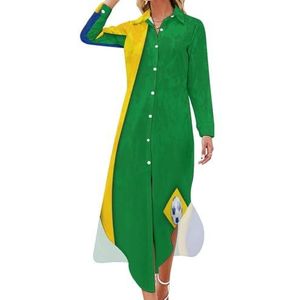Voetbal in Brazilië vlag dames maxi-jurk lange mouwen knopen shirt jurk casual feest lange jurken XL