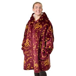 Harry Potter Womens draagbare deken hoodie | Fleece met capuchon en ritssluiting voor volwassenen in bordeaux | HP Loungewear met hele Hedwig-uilenprint, sherpavoering en zakken