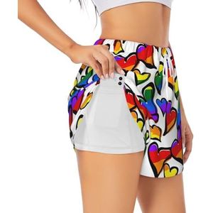 KoNsev Regenboog Gekleurde Gay Pride Harten Vrouwen Shorts Sneldrogende Atletische Shorts voor Camping Reizen Golf met Rits Zakken, Wit, XXL