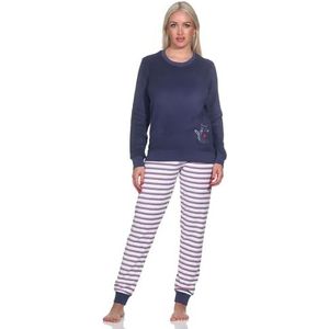 NORMANN Dames badstof pyjama, broek gestreept, bovendeel met schattig diermotief, marineblauw, 40/42