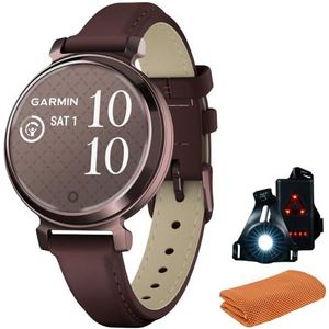 Garmin 010-02839-03 Lily 2 Classic Donker Brons met Mulberry Lederen Band Smartwatch Bundel met Workout Koeling Sport Handdoek + Deco Essentials Draagbaar Forensen Voor- en Achterlicht