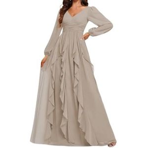 Prinses Bruidsmeisje Jurken Lange Mouw Prom Jurken V-hals Chiffon Formele Avond Party Maxi Jurk ZM208, Taupe, 32